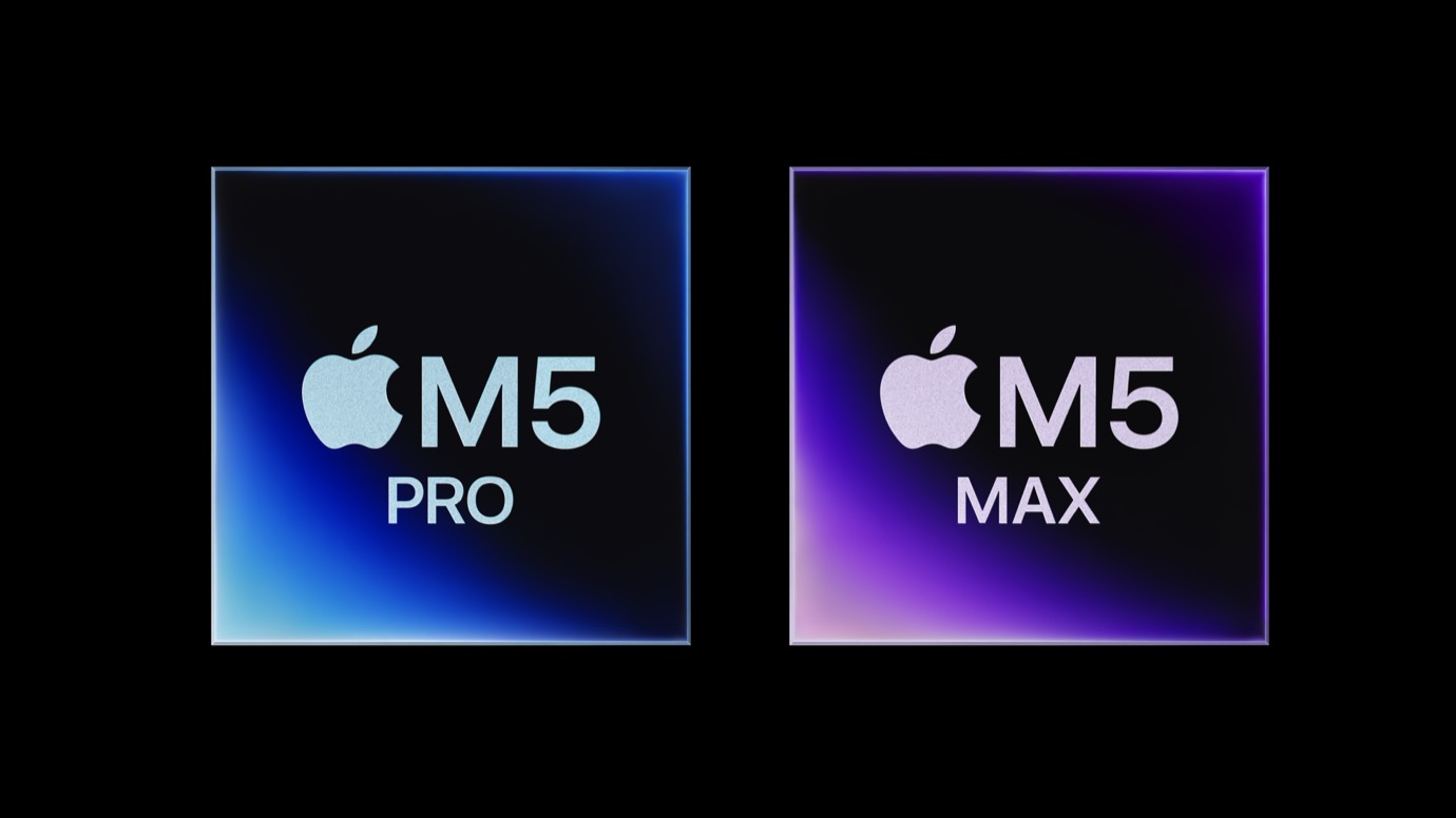 Two square chips on a black background. Left chip: 'M5 PRO' with Apple logo. Right chip: 'M5 MAX' with Apple logo. Both chips have a gradient blue to purple glow.